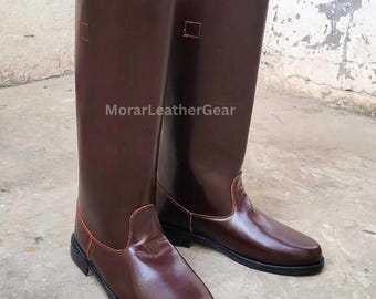 German Officer Brown Leather Riding Boots - Vintage Military Style
