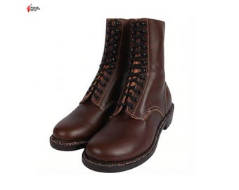 Handmade Brown Leather Combat Boots: Vintage Military Style Lace-Up Boots