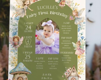 Green Fairy First Birthday First Year Milestone Sign: Digital Download Canva FF10