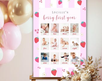 Berry First Birthday Photo Board, Customizable Berry 1st Birthday Photo Collage, Printable Strawberry Birthday 12 Month Photo Sign, B01F