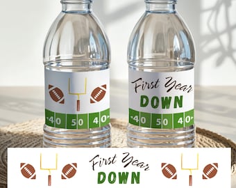 First Year Down Printable Water Bottle Label Template, Editable Football Birthday Custom Water Bottle Wrap, Football Party Decor, F01D