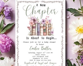 Storybook-Babyparty-Einladung, bearbeitbar Ein neues Kapitel beginnt Babyparty-Einladung, druckbare Canva-Vorlage, Storybook-Babyparty-Einladung