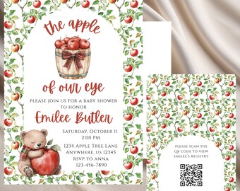 Code QR d'invitation de baby shower pomme des nos yeux, invitation imprimable de baby shower d'automne pomme de mes yeux, bébé de fête de verger de pommier modifiable