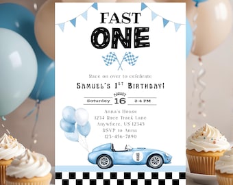 Editable Fast One Birthday Invitation, Printable First Lap Birthday Invitation, Two Fast Birthday Decor, Race Car Birthday Invite Canva H01B