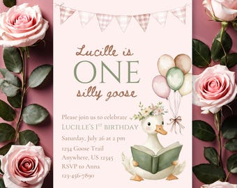 Editable One Silly Goose Birthday Invitation, Customizable One Silly Goose Birthday Invite for Girl, Printable Silly Goose First Birthday