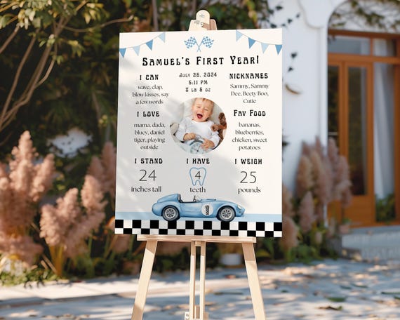 Fast One Birthday Poster, Editable Race Car First Birthday Sign, Blue Car First Year Board, Printable First Birthday Sign, Canva, H01B