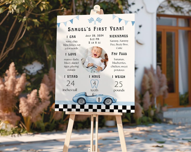 May include: A personalized sign for a first birthday, featuring a photo and details like height (24 inches), weight (25 pounds), and favorite foods. The design includes a blue race car and checkered flag accents, with the text "Samuel's First Year!"
