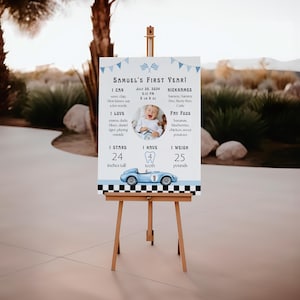 May include: A wooden easel displays a sign for a child's first birthday. The sign has a blue race car graphic and text that reads "Samuel's First Year!" with the child's photo, height of 24 inches, and weight of 25 pounds.