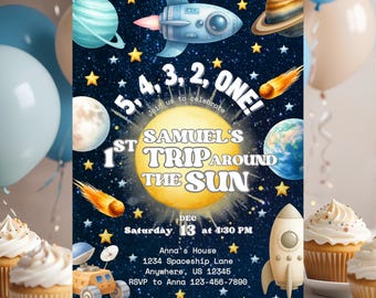 First Trip Around the Sun Birthday Invitation, Space Birthday Invite, Digital Download, Canva Template