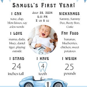 May include: A baby's first year milestone poster with the text "SAMUEL'S FIRST YEAR!" and a photo of a baby. The poster includes the baby's height (24 inches), weight (25 pounds), and favorite foods. A blue race car is at the bottom.