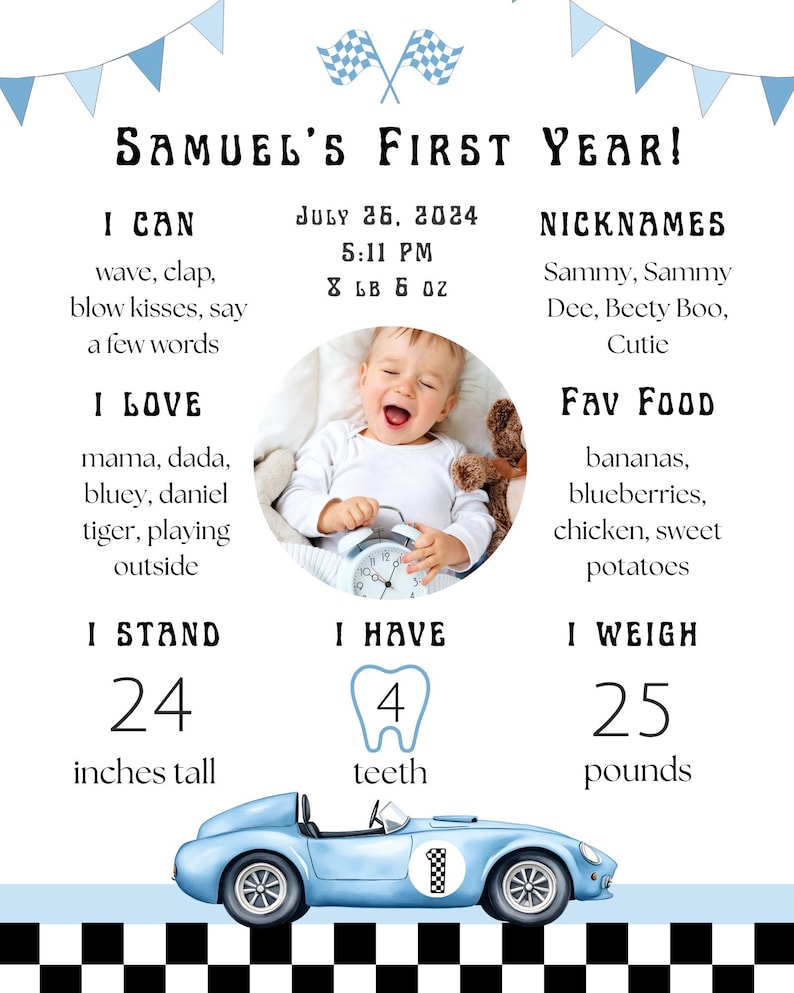 May include: A baby's first year milestone poster with the text "SAMUEL'S FIRST YEAR!" and a photo of a baby. The poster includes the baby's height (24 inches), weight (25 pounds), and favorite foods. A blue race car is at the bottom.