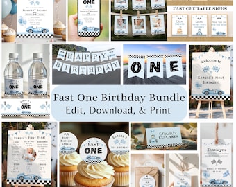 Printable Fast One Birthday Bundle, Editable First Lap Party Package, Customizable Race Car Birthday Bundle, Two Fast, Fast One Sign, H01B