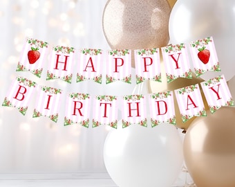 Bannière joyeux anniversaire fraise, guirlande de premier anniversaire baies, panneau de joyeux anniversaire fraise, impression 5 x 7 pendentif bannière bruant, B01F