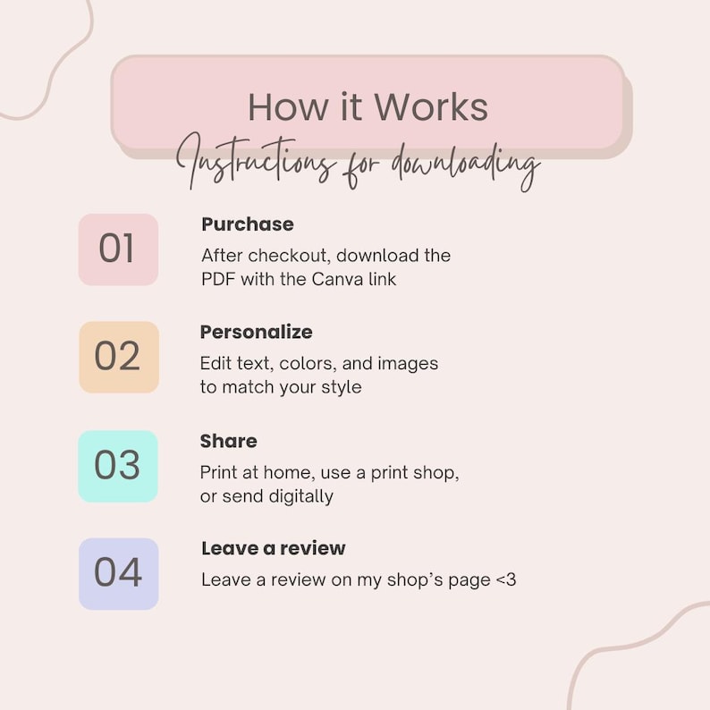 May include: A graphic with the text "How it Works" and "Instructions for downloading." The steps are numbered 01-04, with descriptions for purchasing, personalizing, sharing, and leaving a review. The color scheme is soft pink, peach, and lavender.