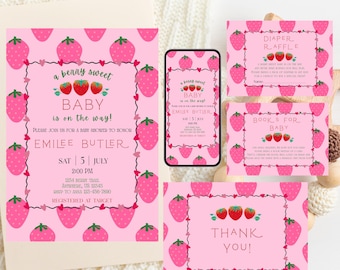 Berry Sweet Baby Shower Invitation Bundle, Editable Strawberry Baby Shower Invite, Customizable Berry Sweet Baby Shower Invite Bundle Canva