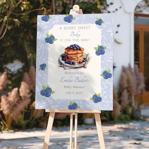 Blueberry Pancake Baby Shower Welcome Sign, Baby brunch welcome sign, Berry Sweet Baby is on the way banner, Editable Canva Template