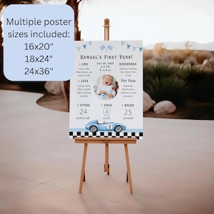 May include: A personalized first-year milestone poster on an easel. The poster features a baby's photo, stats, and a blue race car illustration. Includes text: "Samuel's First Year!" and "Multiple poster sizes included: 16x20", 18x24", 24x36".