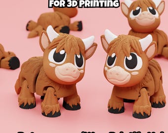 May include: A digital download for 3D printing featuring multiple brown highland cow figurines with white horns, large black eyes, and black hooves. The text reads DIGITAL DOWNLOAD FOR 3D PRINTING and Patreon.com/WowPrintifyHub.