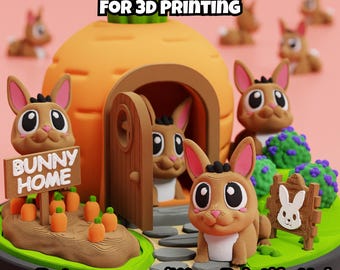May include: A 3D printed carrot-shaped house with brown bunnies, green bushes, and a sign reading BUNNY HOME. The text DIGITAL DOWNLOAD FOR 3D PRINTING and Patreon.com/Wow Printify Hub are visible. The scene features small orange carrots.