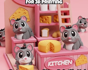 May include: A 3D printed kitchen playset featuring gray mice with large eyes, pink ears, and white bellies. The pink structure includes shelves with yellow cheese wedges, a loaf of bread, and a ladder. Text reads DIGITAL DOWNLOAD FOR 3D PRINTING.