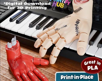 May include: Two articulated hand models, one red and one beige, are displayed on a keyboard. The beige hand has stitched details. Text includes "STL," "Digital Download for 3D Printing," and "Print-in-Place No Supports."