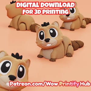 May include: Several 3D-printed cartoon squirrel figurines in various poses are displayed against a peach background. The squirrels are brown with black accents and large, expressive eyes. Text at the top reads "DIGITAL DOWNLOAD FOR 3D PRINTING" and at the bottom "Patreon.com/Wow Printify Hub".