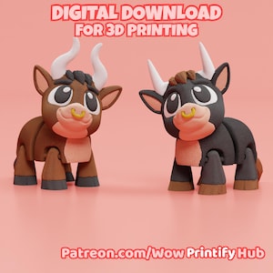 Può includere: Due statuette di toro stampate in 3D, una marrone e una nera, con corna bianche e grandi occhi. Ogni toro ha un muso rosa e un anello al naso dorato. Il testo "DOWNLOAD DIGITALE PER LA STAMPA 3D" e "Patreon.com/Wow Printify Hub" sono visibili.