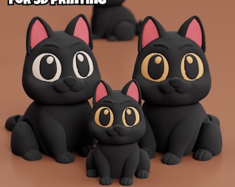 May include: Four black cat figurines with pink inner ears and large eyes, arranged in a group. The text DIGITAL DOWNLOAD FOR 3D PRINTING appears at the top, and Patreon.com/Wow Printify Hub is printed at the bottom of the image.