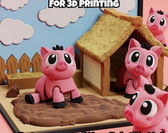 May include: A 3D printed scene featuring three pink pigs with black hooves and large eyes, a tan thatched-roof hut, a wooden fence, and a brown mud patch. The text DIGITAL DOWNLOAD FOR 3D PRINTING and Patreon.com/WowPrintifyHub are visible.