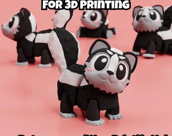 May include: Several 3D-printed skunk figurines in black, white, and gray, with pink accents. The image includes the text "DIGITAL DOWNLOAD FOR 3D PRINTING" and "Patreon.com/Wow Printify Hub" on a pink background.