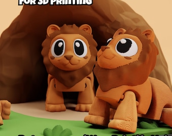 May include: Two 3D printed lion figures with brown manes and tan bodies, positioned in front of a brown cave structure on a green base. The text DIGITAL DOWNLOAD FOR 3D PRINTING and Patreon.com/Wow Printify Hub are visible in the image.