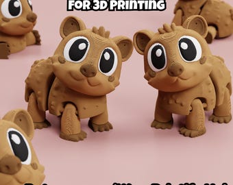 May include: Multiple brown 3D printed bear figurines with large white and black eyes and textured surfaces. The text DIGITAL DOWNLOAD FOR 3D PRINTING and Patreon.com/WowPrintifyHub is visible. These articulated figures feature rounded ears and paws.