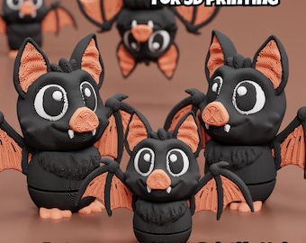 May include: A collection of 3D printed bat figurines in black and orange. The bats feature large white eyes, small white fangs, and textured wings. Text reads: DIGITAL DOWNLOAD FOR 3D PRINTING and Patreon.com/Wow Printify Hub.