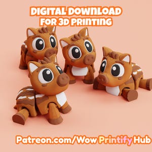 Könnte beinhalten: Vier braune und weiße Cartoon-Pferdefiguren mit großen Augen und beweglichen Gelenken. Der Text "DIGITALER DOWNLOAD FÜR 3D-DRUCK" und "Patreon.com/Wow Printify Hub" sind in Orange dargestellt.