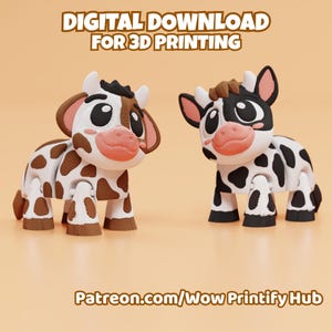 May include: Two 3D-printed cow figurines. One is brown and white, the other black and white. Both have large eyes, pink noses, and are articulated. The text "DIGITAL DOWNLOAD FOR 3D PRINTING" is at the top. The website "Patreon.com/Wow Printify Hub" is at the bottom.