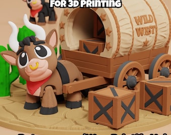 May include: A 3D printed scene featuring a brown bull with white horns and a red bandana, a covered wagon labeled WILD WEST, two wooden crates, and a green cactus. The text reads DIGITAL DOWNLOAD FOR 3D PRINTING and Patreon.com/WowPrintifyHub.