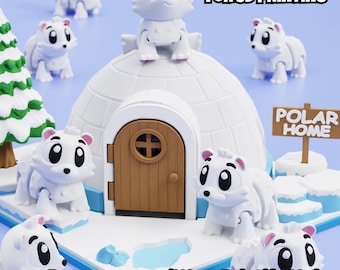 May include: A 3D printed igloo with a brown door, surrounded by several white polar bear figurines. A green tree, a sign reading POLAR HOME, and text stating DIGITAL DOWNLOAD FOR 3D PRINTING and Patreon.com/WowPrintifyHub are visible in the scene.