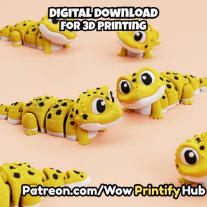 May include: Multiple articulated yellow lizard figures with black spots and large white eyes. The text DIGITAL DOWNLOAD FOR 3D PRINTING and Patreon.com/WowPrintifyHub is visible. These segmented reptiles feature a smooth white underside.