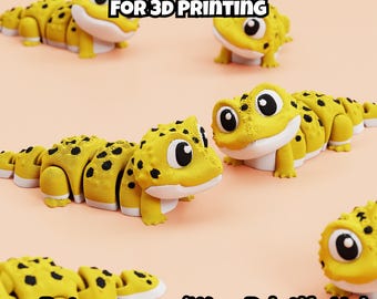 May include: Multiple articulated yellow lizard figures with black spots and large white eyes. The text DIGITAL DOWNLOAD FOR 3D PRINTING and Patreon.com/WowPrintifyHub is visible. These segmented reptiles feature a smooth white underside.