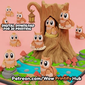 May include: A 3D printed tree trunk structure with multiple light brown owl figurines, a hanging lantern, and a blue stream. The scene includes small red mushrooms and green patches. Text reads: DIGITAL DOWNLOAD FOR 3D PRINTING and Patreon.com/WowPrintifyHub.
