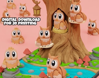 May include: A 3D printed tree trunk structure with multiple light brown owl figurines, a hanging lantern, and a blue stream. The scene includes small red mushrooms and green patches. Text reads: DIGITAL DOWNLOAD FOR 3D PRINTING and Patreon.com/WowPrintifyHub.