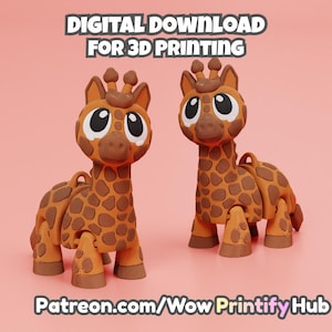 May include: Two orange and brown giraffe figurines with large eyes and a spotted pattern. The text "DIGITAL DOWNLOAD FOR 3D PRINTING" is at the top, and "Patreon.com/Wow Printify Hub" is at the bottom. The giraffes are standing on a pink background.