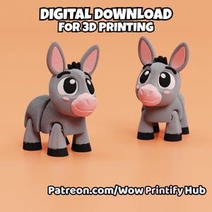 Puede incluir: Dos figuras de burro grises con narices y orejas rosas, cascos negros y ojos grandes. El texto "DESCARGA DIGITAL PARA IMPRESIÓN 3D" está en la parte superior y "Patreon.com/Wow Printify Hub" en la parte inferior.