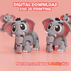 May include: Several gray 3D-printed elephant figurines with large eyes, pink ears, and tusks are displayed on a pink surface. The text "DIGITAL DOWNLOAD FOR 3D PRINTING" and "Patreon.com/Wow Printify Hub" are visible.
