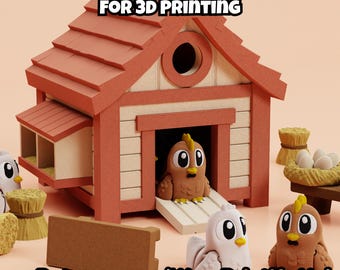 May include: A 3D printed chicken coop model with a red roof and beige walls, featuring a ramp and a brown chicken inside. The scene includes white and brown chicken figurines, hay bales, and a nest with eggs. Text reads: DIGITAL DOWNLOAD FOR 3D PRINTING.
