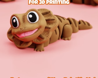 May include: A brown 3D printed articulated lizard figure with large black and white eyes and a pink mouth. The text DIGITAL DOWNLOAD FOR 3D PRINTING and Patreon.com/WowPrintifyHub are visible. The lizard has a textured surface and a segmented body.