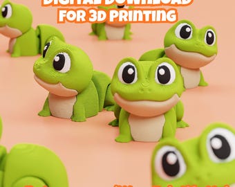 May include: Multiple 3D printed green frogs with large white and black eyes and light beige bellies. The text DIGITAL DOWNLOAD FOR 3D PRINTING and Patreon.com/Wow Printify Hub is visible. The frogs have a textured surface and rounded features.
