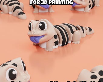 May include: Multiple articulated lizard figurines with beige bodies, black spots, and purple tongues. The text DIGITAL DOWNLOAD FOR 3D PRINTING and Patreon.com/WowPrintifyHub is visible. These figures feature visible layer lines from the printing process.