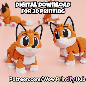 Puede incluir: Figuras de zorro impresas en 3D en naranja y blanco, con ojos grandes y detalles en negro. El texto "DIGITAL DOWNLOAD FOR 3D PRINTING" está en la parte superior y "Patreon.com/Wow Printify Hub" en la parte inferior.