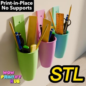 May include: Three colorful, wall-mounted pencil holders in green, pink, and blue. Each holder contains pencils, pens, erasers, and rulers. The image includes the text "Print-in-Place No Supports" and "STL".
